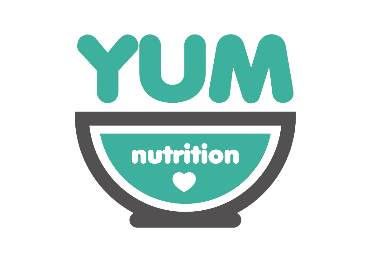 Yum Nutrition logo word yum over a bowl which says nutrition inside with a heart below